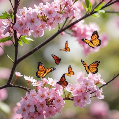 The primary subject of the image is a tree filled with pink flowers, creating a beautiful and vibrant scene. The tree is surrounded by a lush green environment, which adds to the overall atmosphere of the image. The visual style of the image is a photo, capturing the natural beauty of the tree and its flowers. The colors and mood of the image are predominantly pink, which gives the scene a warm and inviting feel.